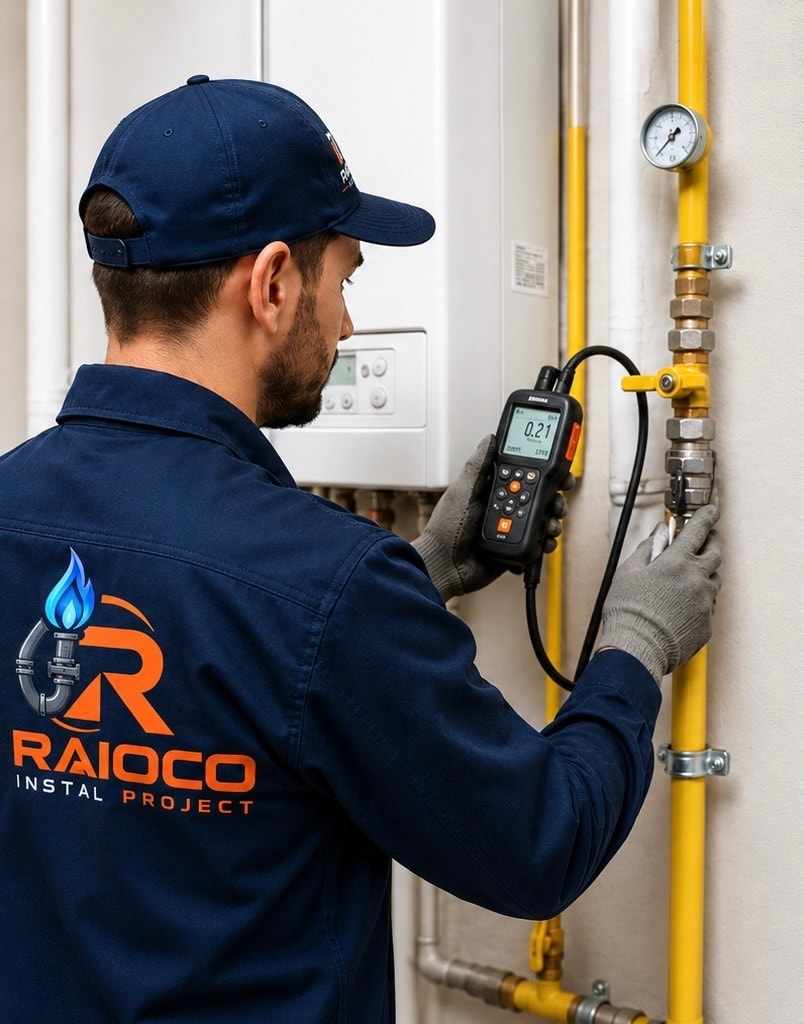 Tehnician Raioco Instal Project, în uniformă, măsoară cu un detector de gaze la conducta galbenă de lângă o centrală termică